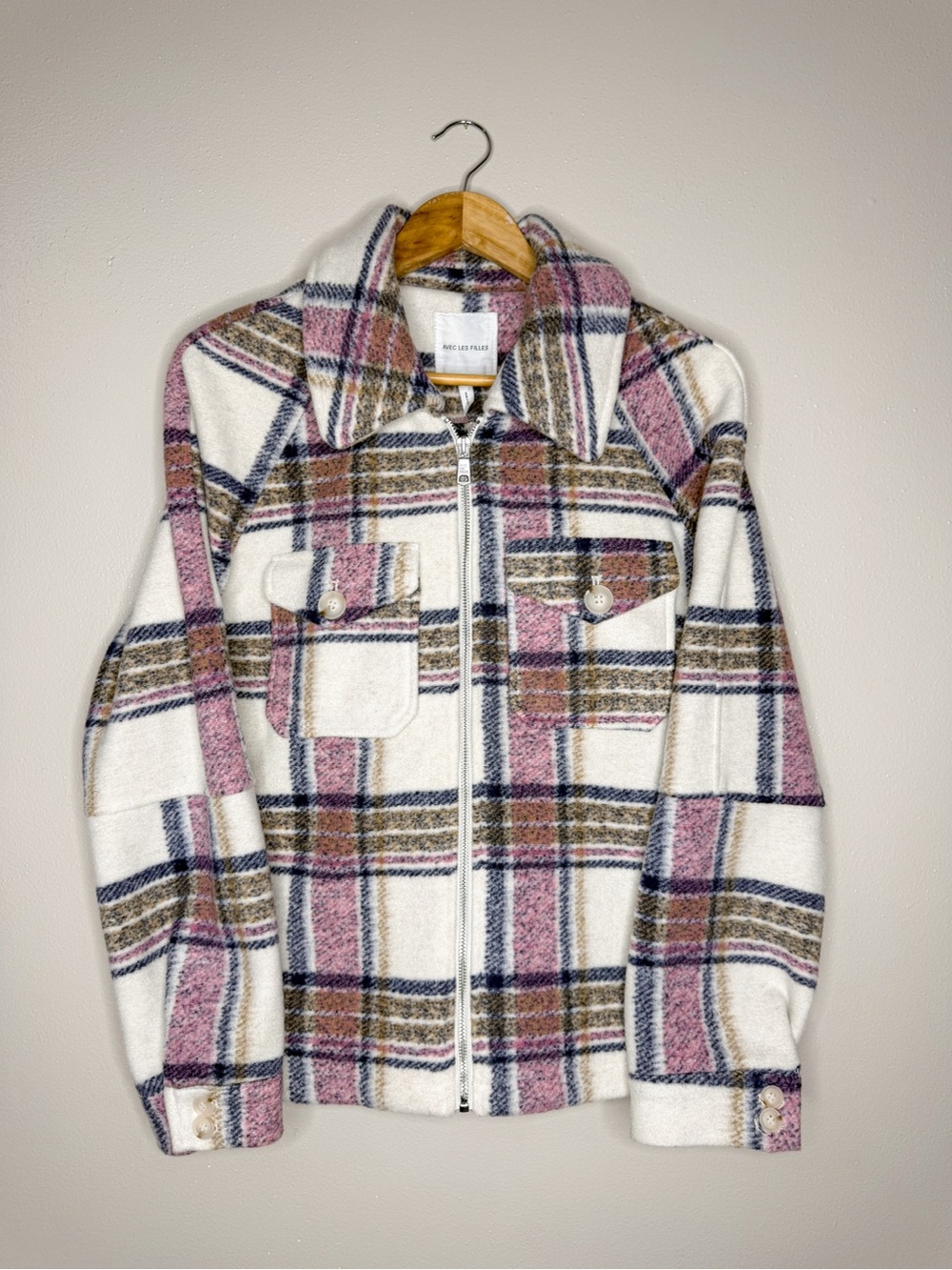 Avec Les Filles Ivory‎ Pink Blue Plaid Soft Flannel Zip Up Shirt Jacket